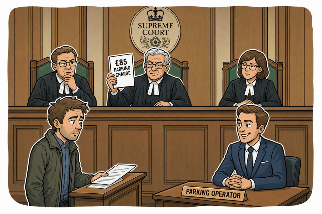 Cartoon: Supreme Court judges hold up a document reading £85 parking charge while the appellant looks deflated