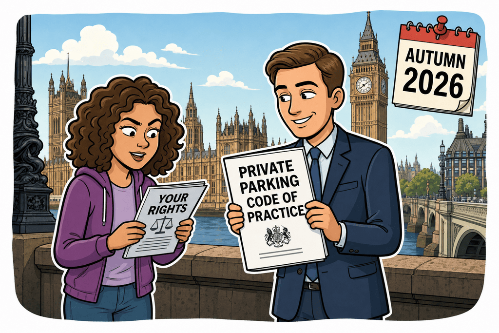 Cartoon: outside Parliament, a minister holds the Private Parking Code of Practice while a woman reads a leaflet titled Your Rights