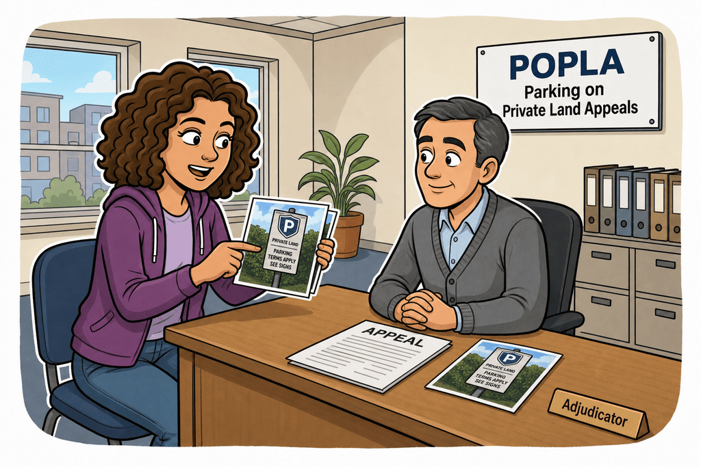 Cartoon: a woman presents photographs of a parking sign to a POPLA adjudicator across a desk